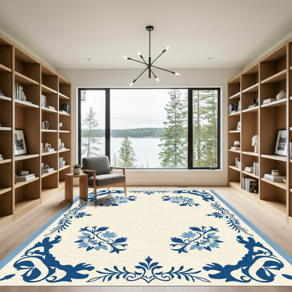 Classic Blue Floral Corner Border Rug