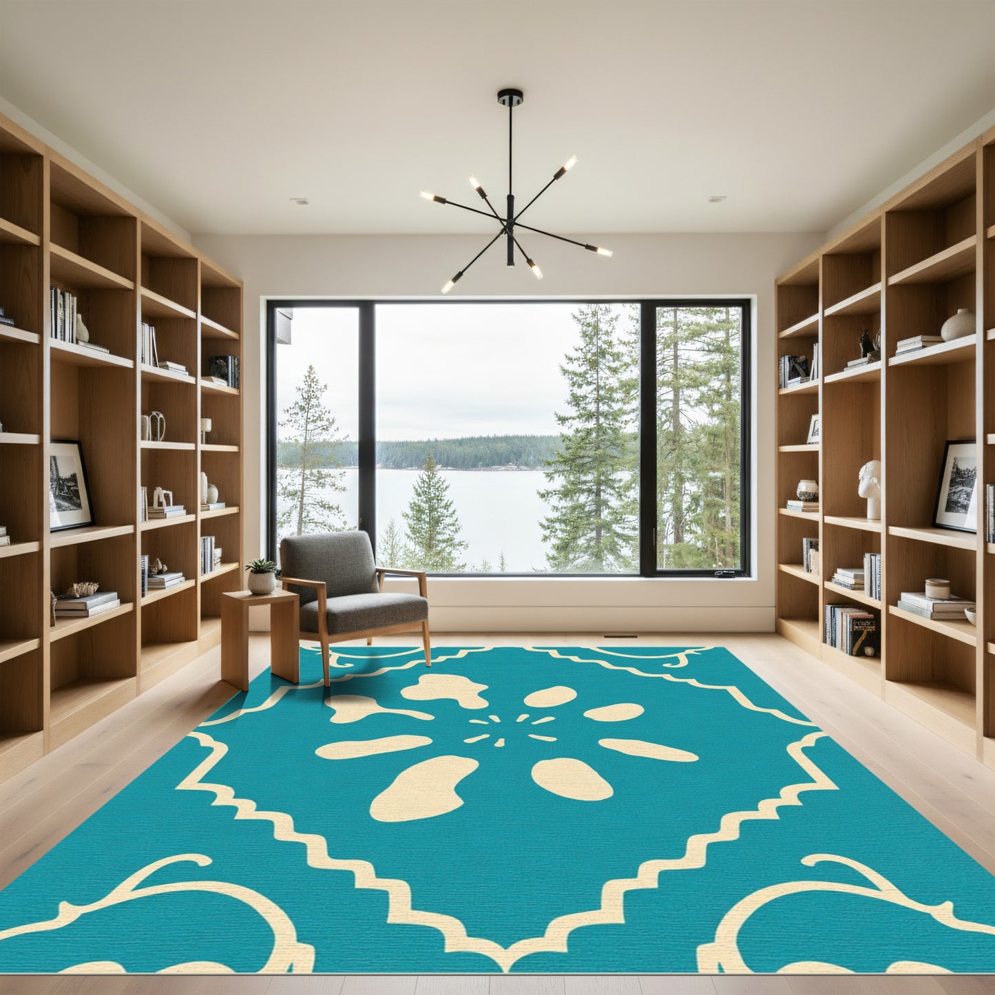 Teal Cream Stylized Flower Medallion Rug