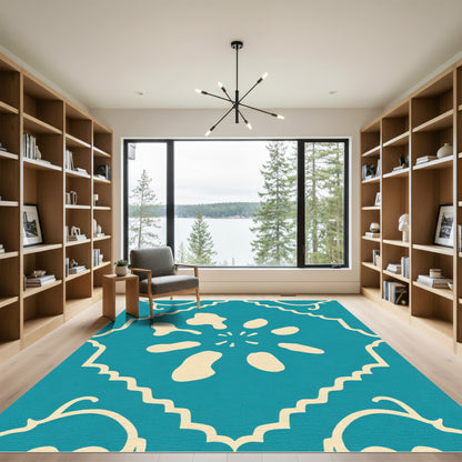 Teal Cream Stylized Flower Medallion Rug