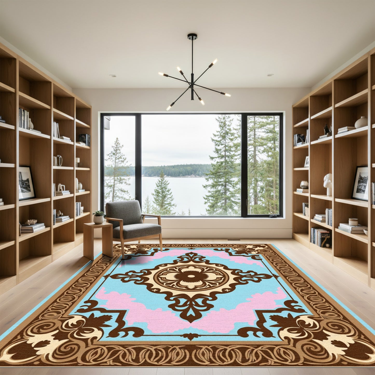 Retro Blue Pink Floral Medallion Rug