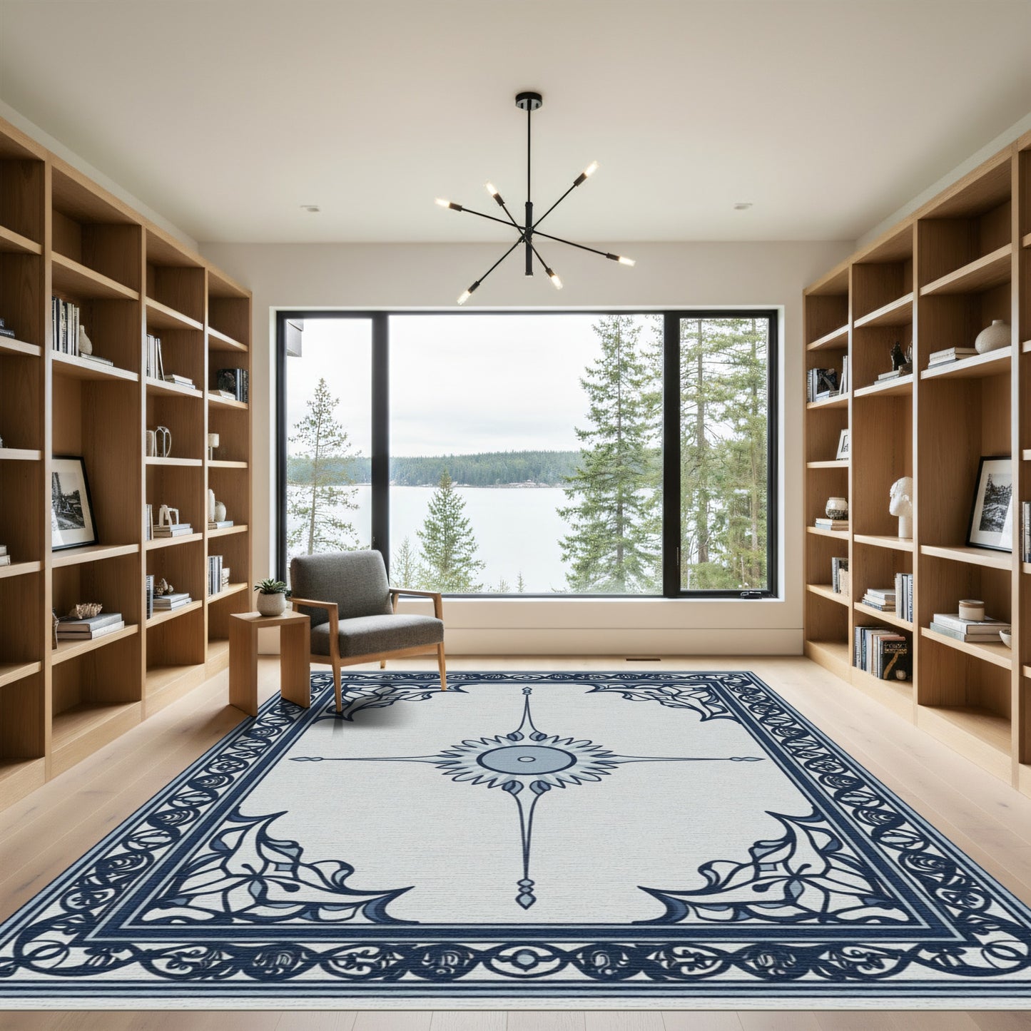 Ornate Navy Blue Central Star Rug