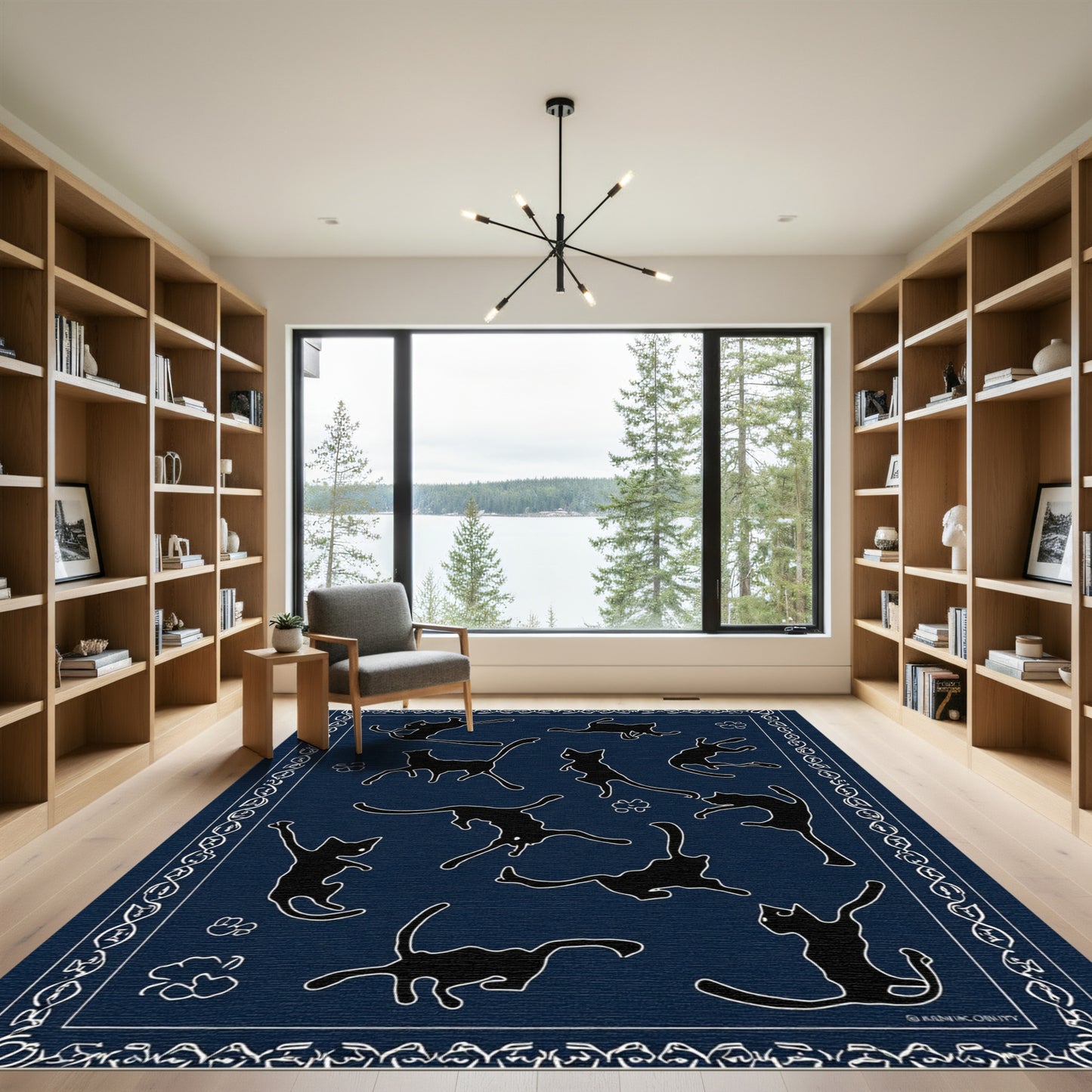 Playful Black Cats Navy Blue Border Rug