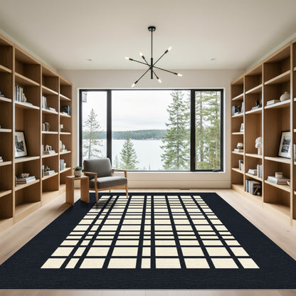 Cream and Black Plaid Grid Rug