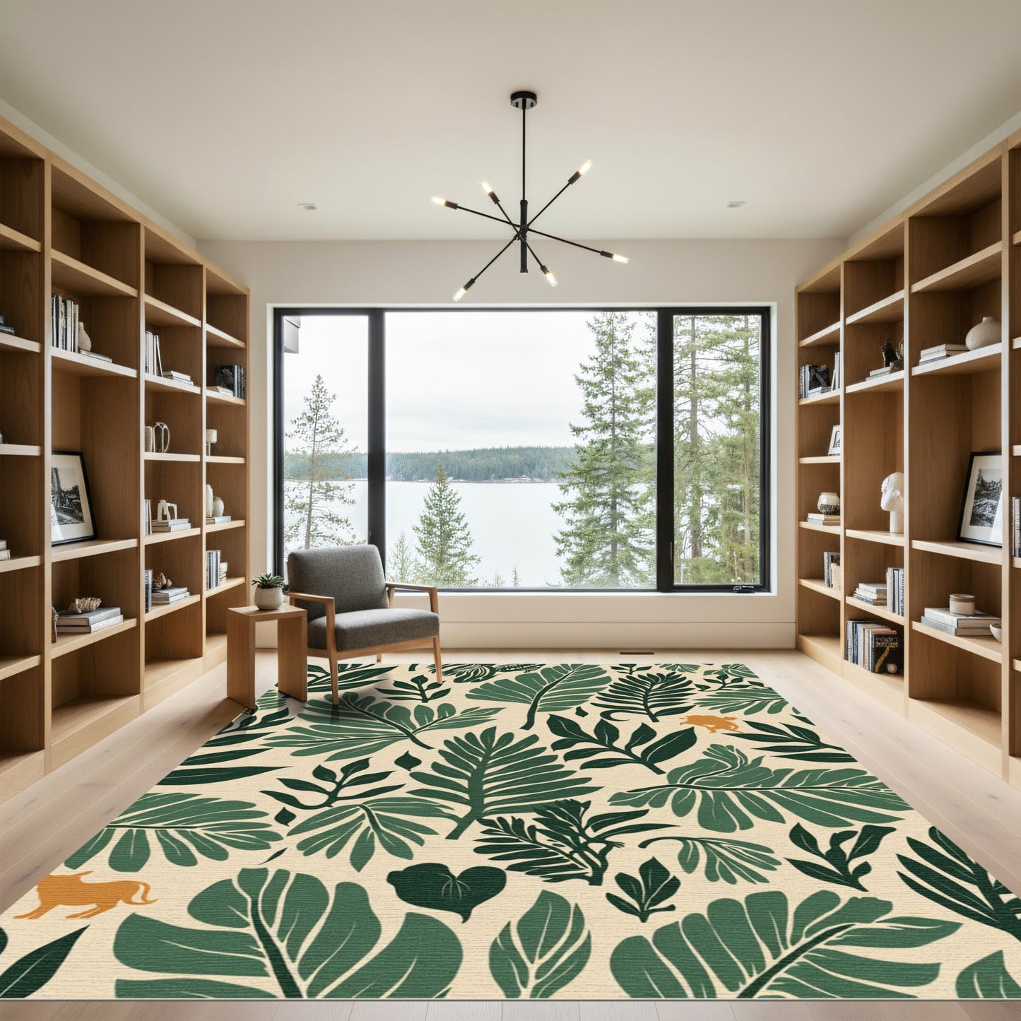Deep Green Tropical Leaves Beige Rug