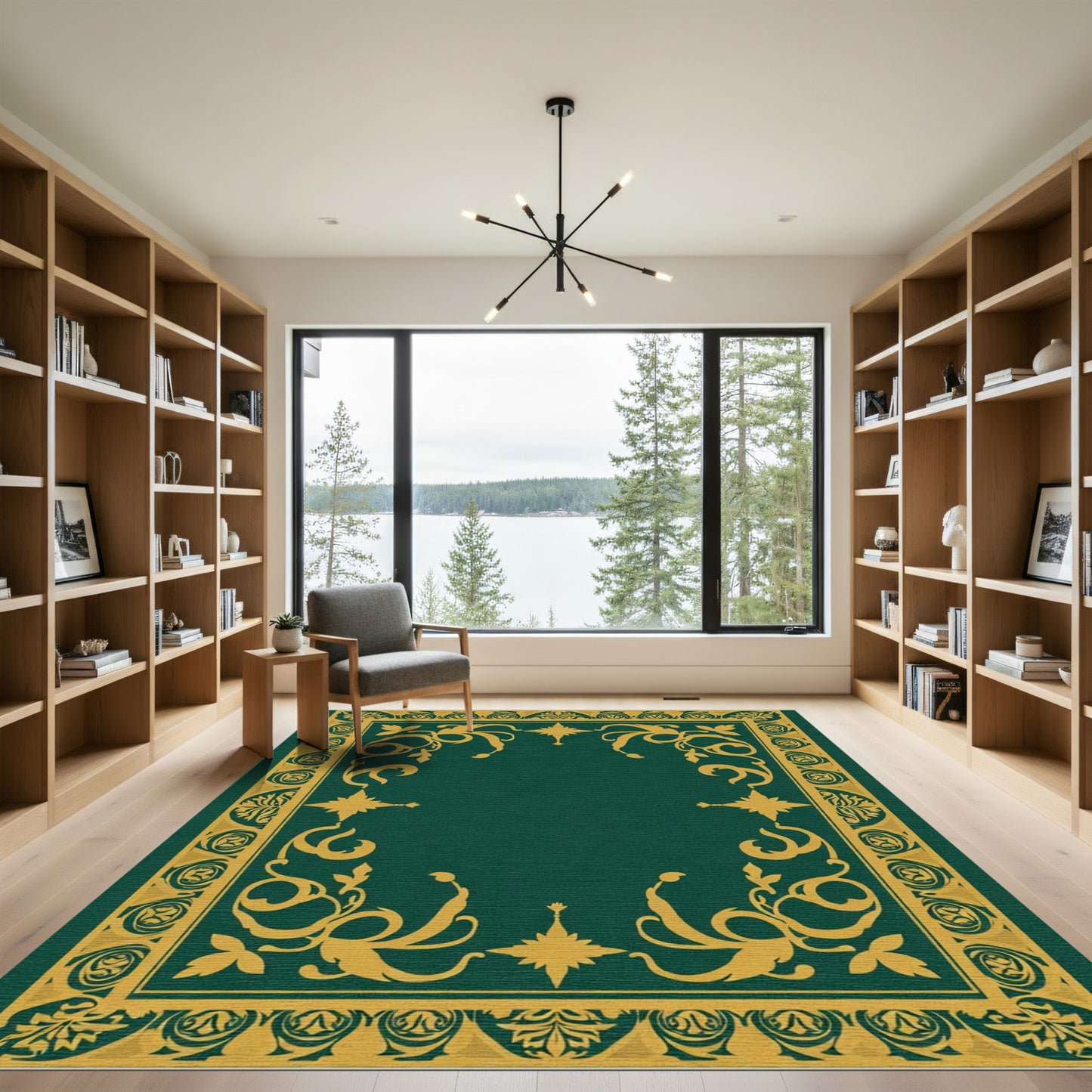 Ornate Gold Floral Border Emerald Rug