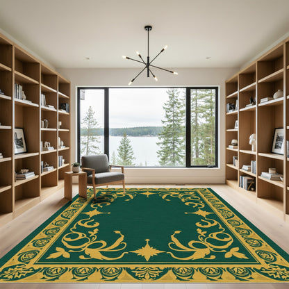 Ornate Gold Floral Border Emerald Rug