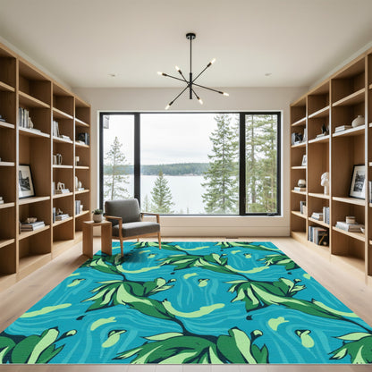 Emerald Green Teal Leaf Swirl Rug
