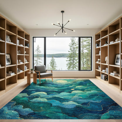 Teal Layered Clouds Moon Sparkle Rug