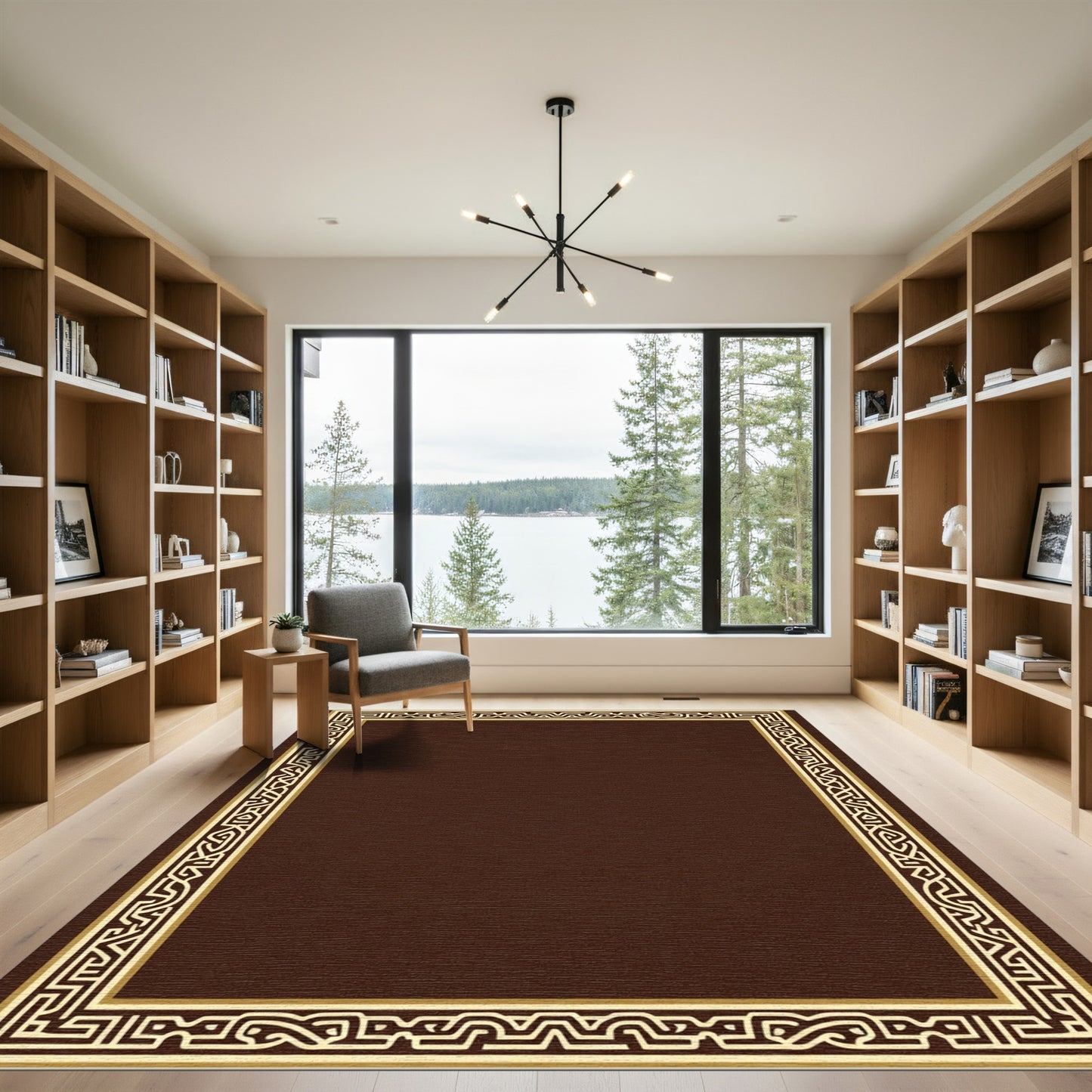 Deep Brown Geometric Scroll Frame Rug