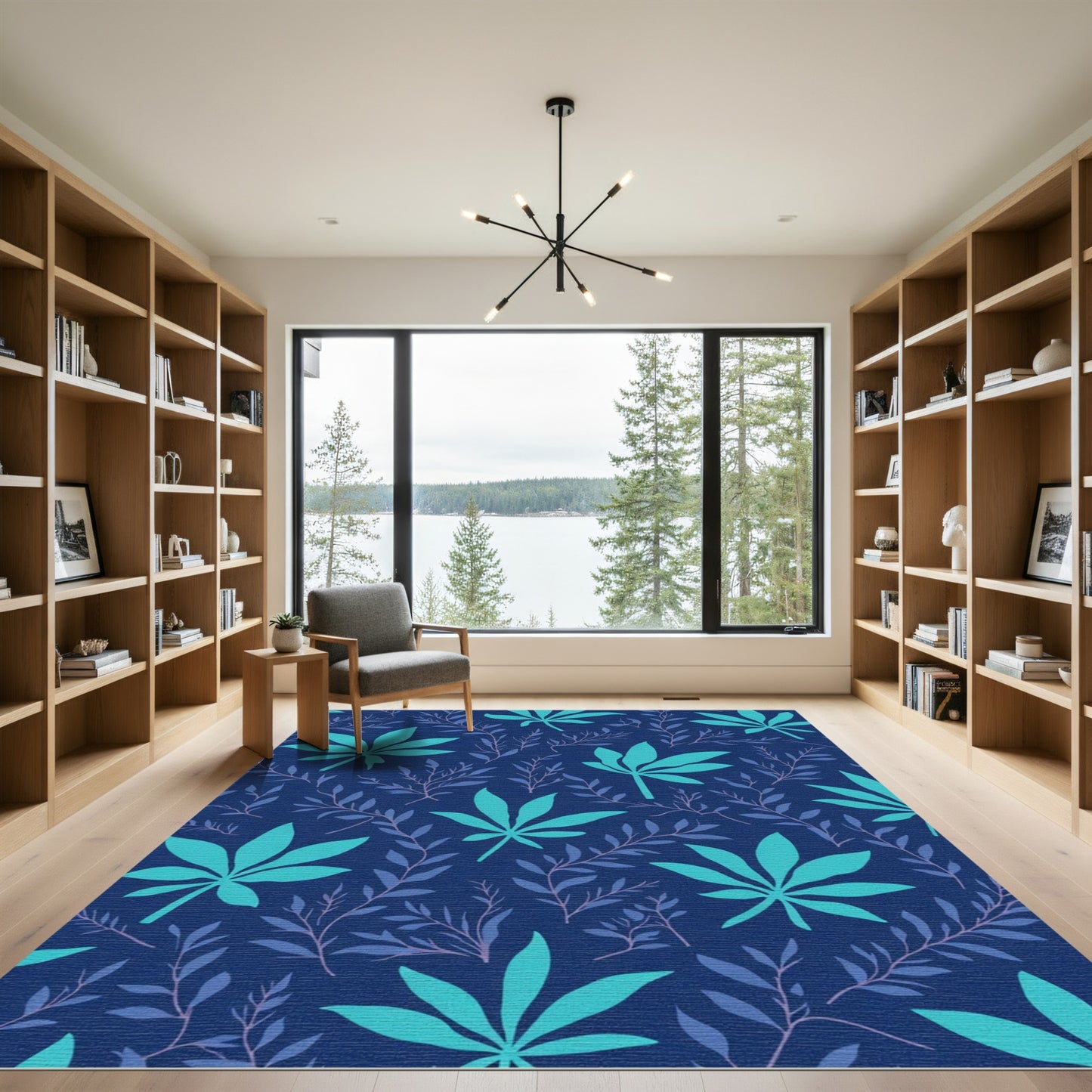 Deep Blue Tropical Leaf Foliage Rug