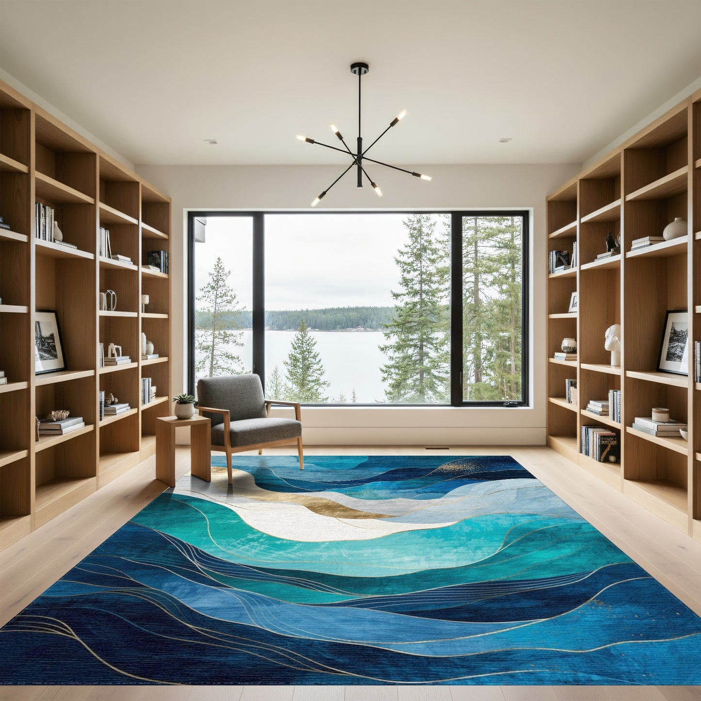 Navy Teal Gold Abstract Waves Rug