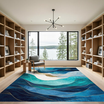 Navy Teal Gold Abstract Waves Rug