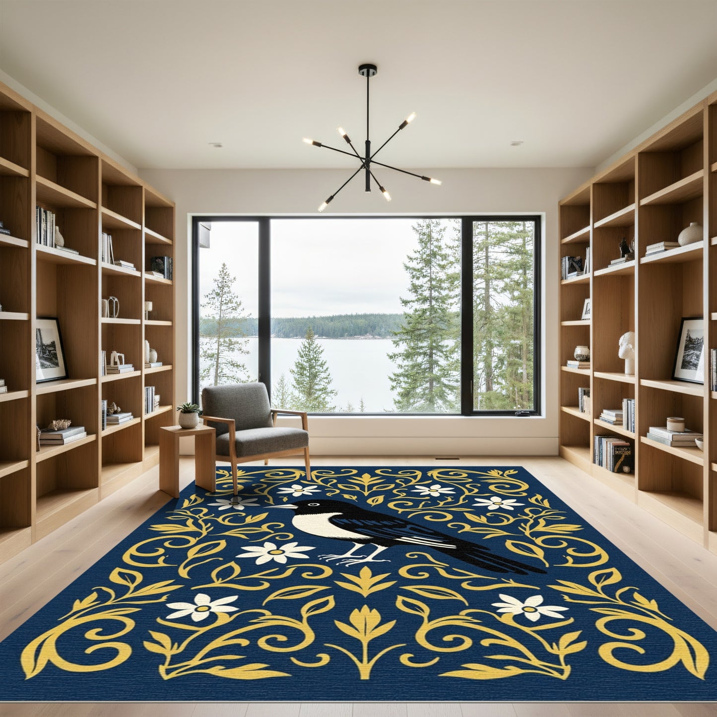 Golden Floral Bird Silhouette Rug