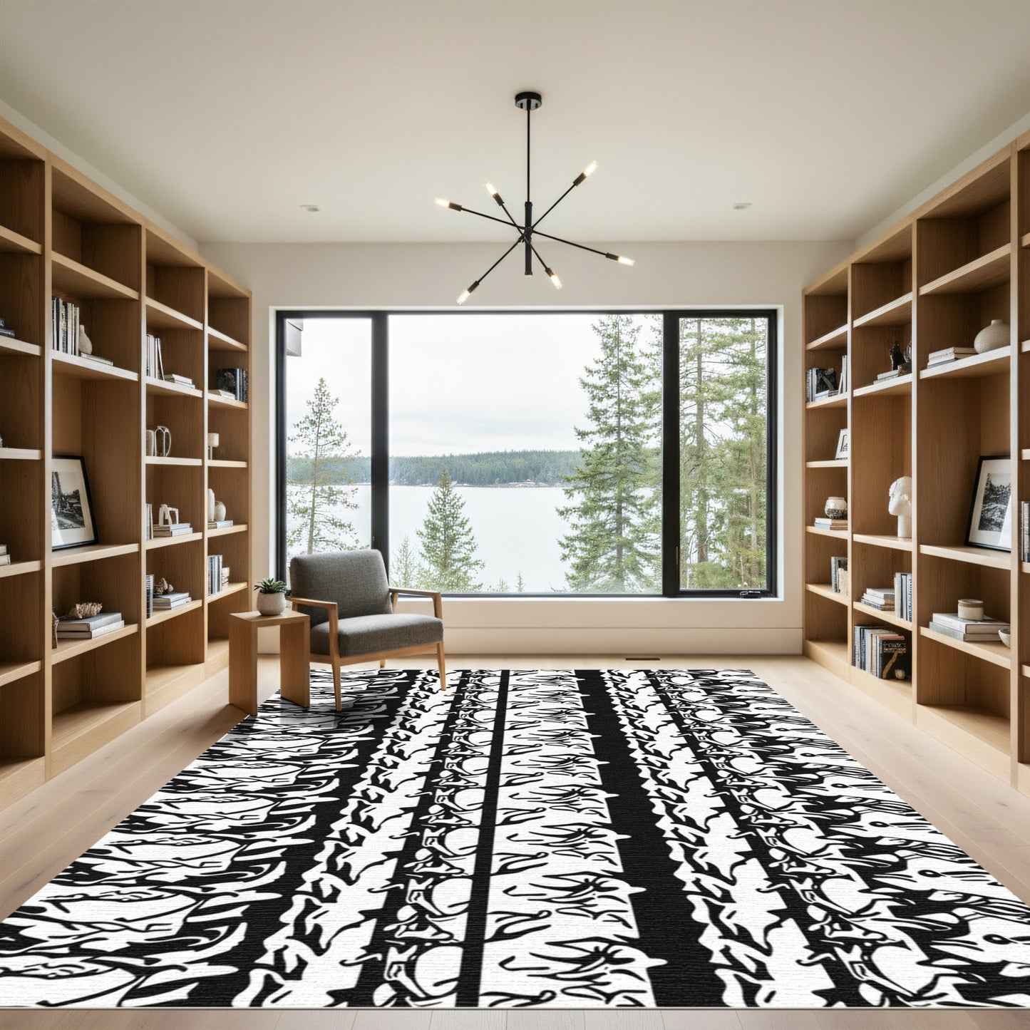 Black White Stylized Bird Border Rug