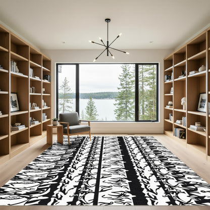 Black White Stylized Bird Border Rug