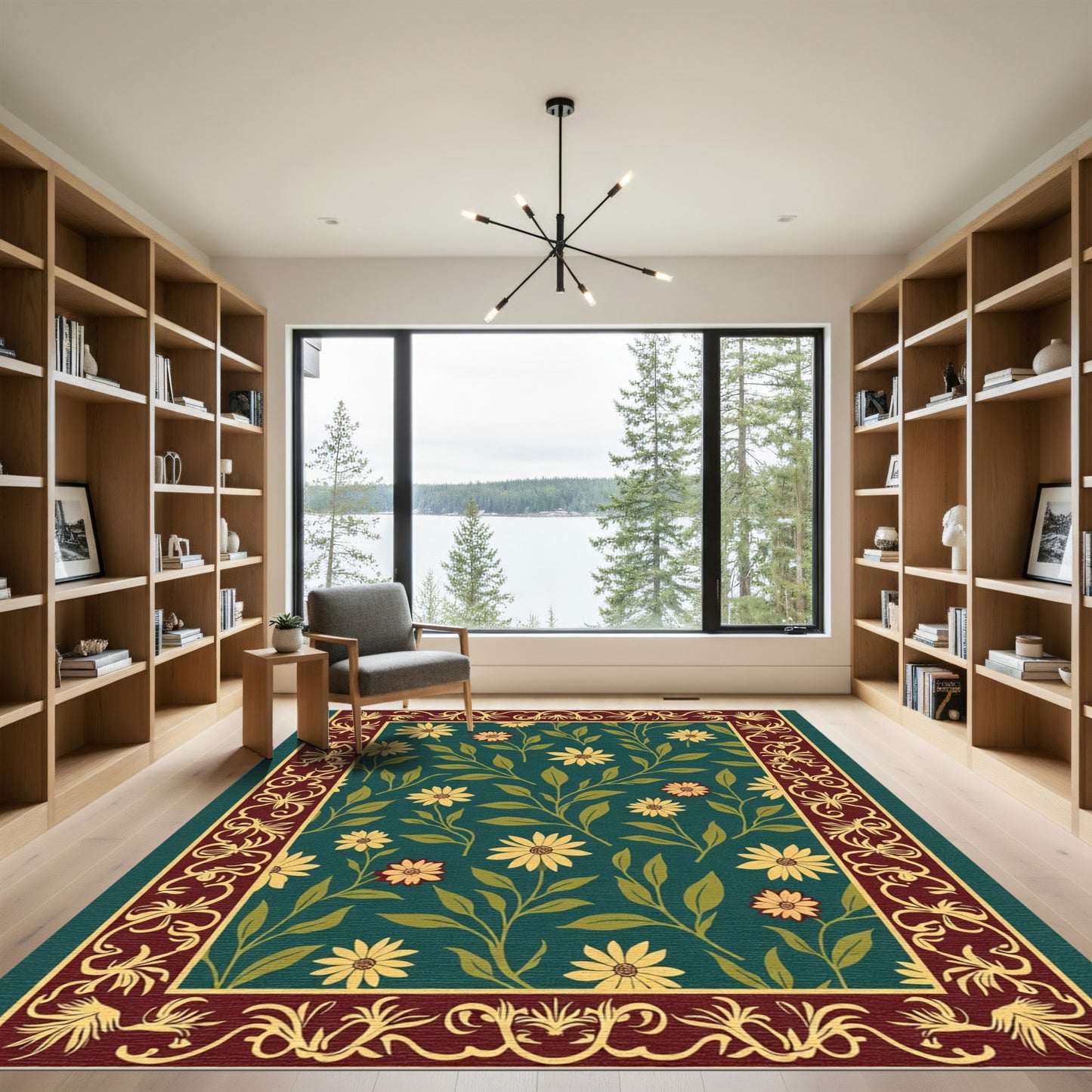 Deep Teal Floral Vine Border Rug