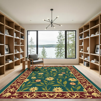 Deep Teal Floral Vine Border Rug