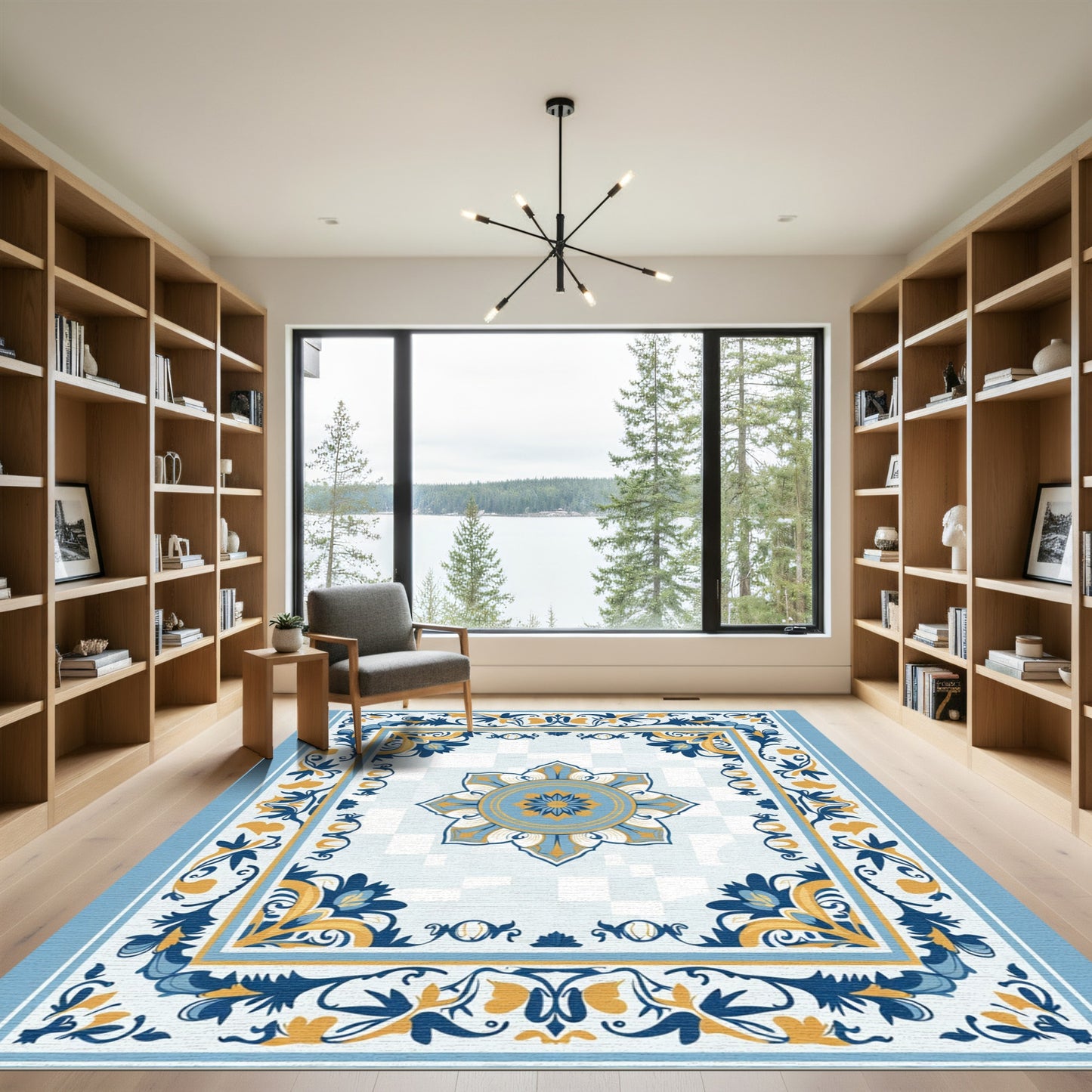 Blue Golden Floral Medallion Border Rug