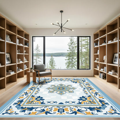 Blue Golden Floral Medallion Border Rug