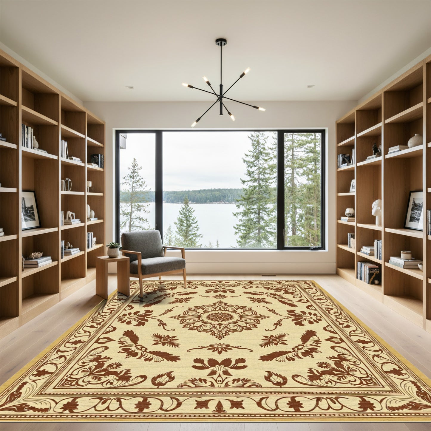 Rustic Brown Floral Medallion Border Rug