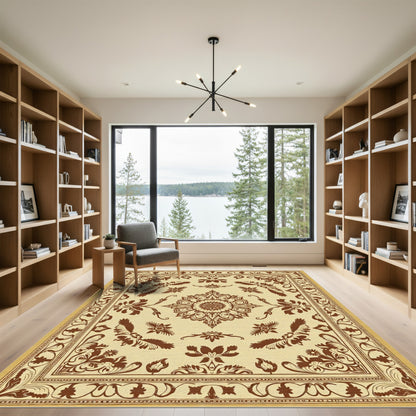 Rustic Brown Floral Medallion Border Rug