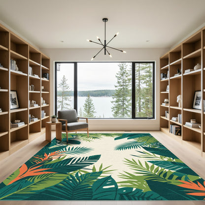 Emerald Green Tropical Leaf Border Rug