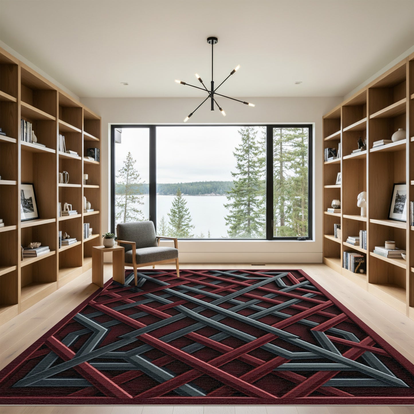 Crimson Gray Interlocking Geometric Rug