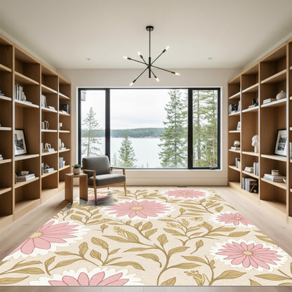 Pink Daisy and Olive Leaf Arrangement Rug