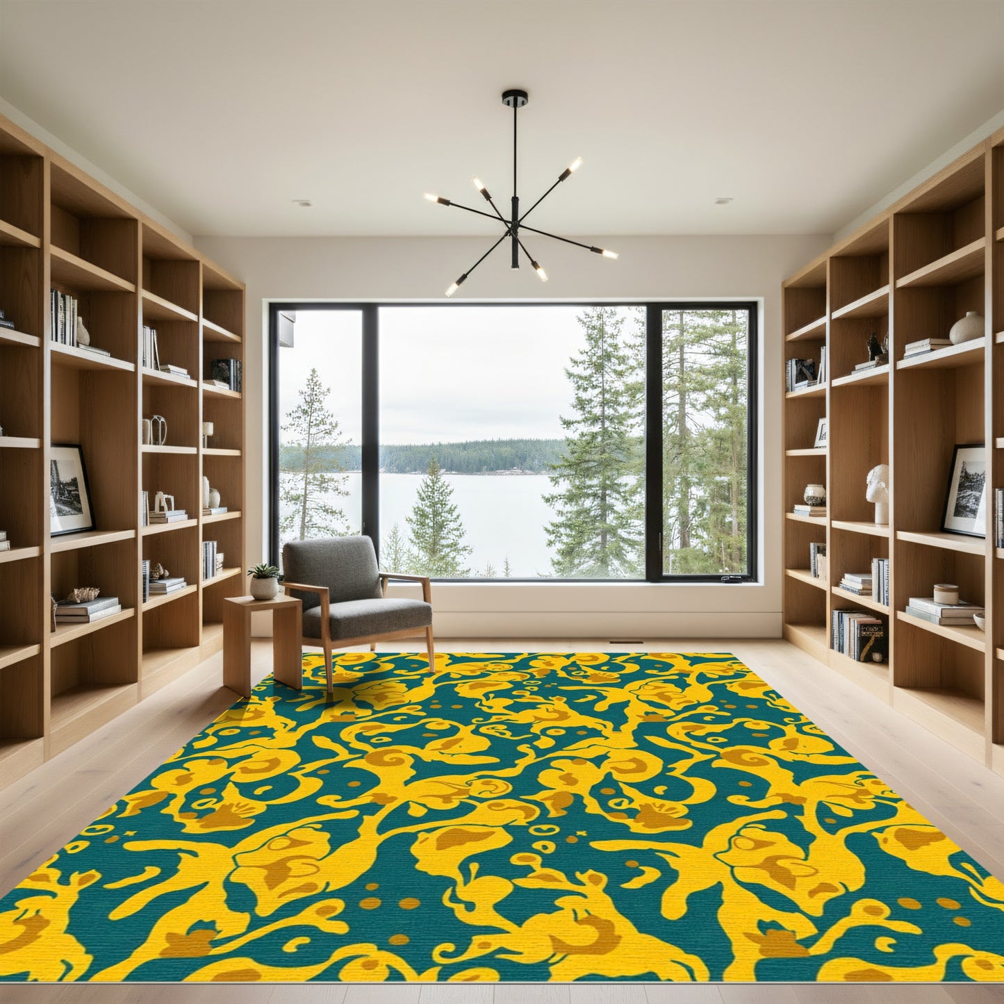 Teal Ochre Abstract Swirl Foliage Rug