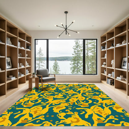 Teal Ochre Abstract Swirl Foliage Rug