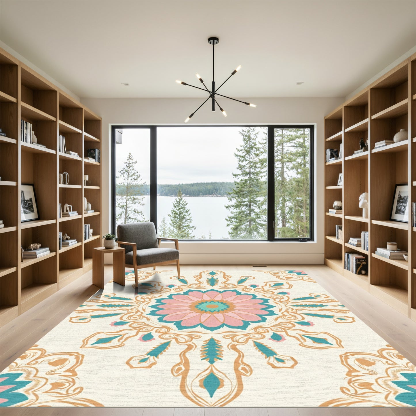 Pink Teal Golden Floral Medallion Rug