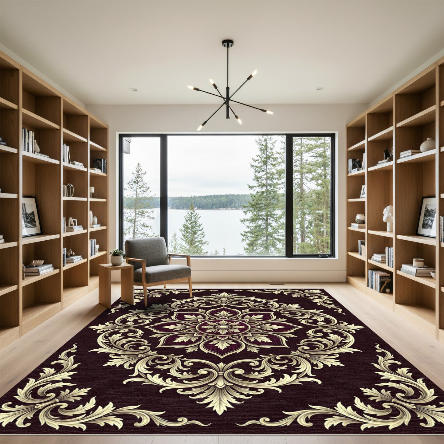 Ornate Burgundy Floral Scroll Frame Rug