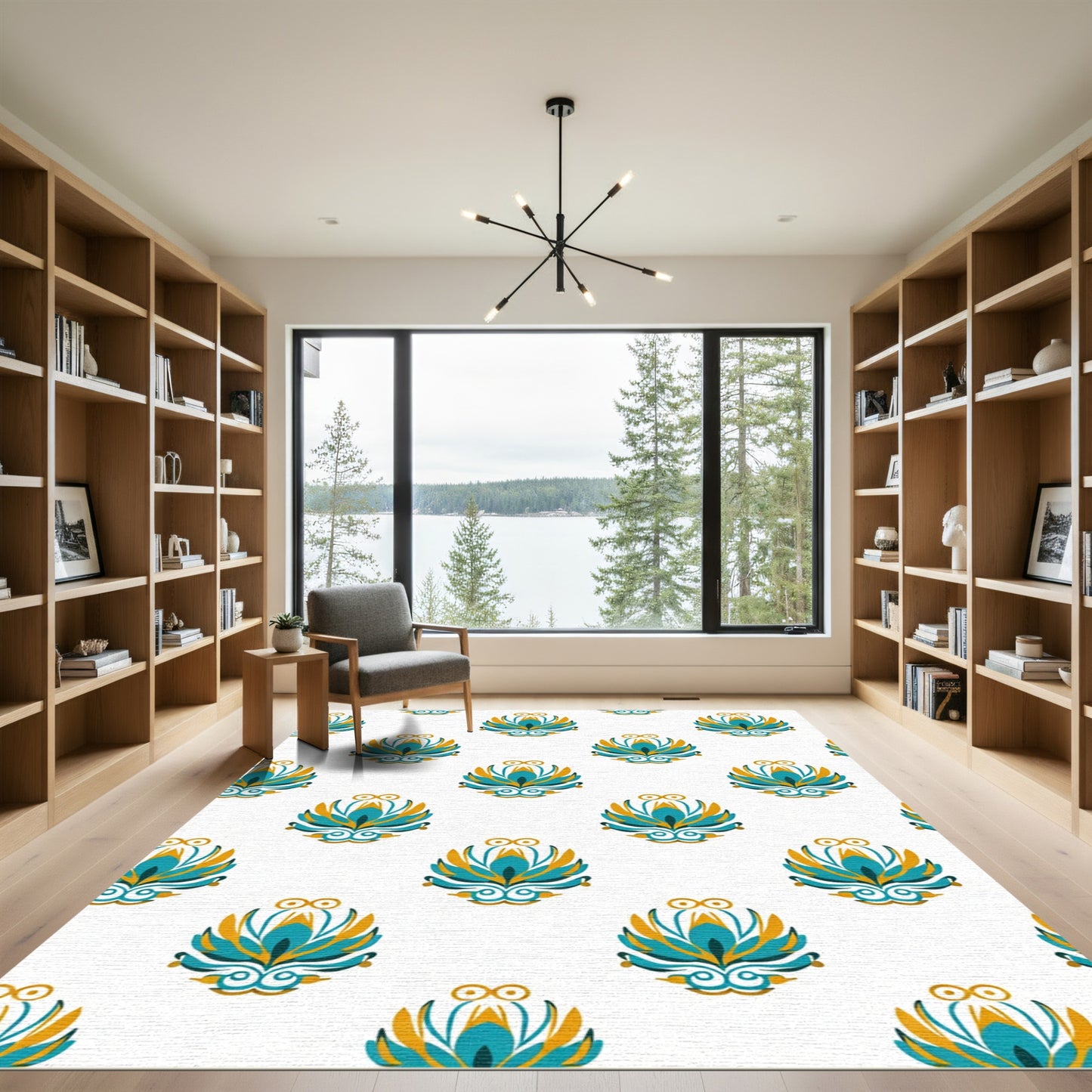 Turquoise Gold Floral Symmetry Rug