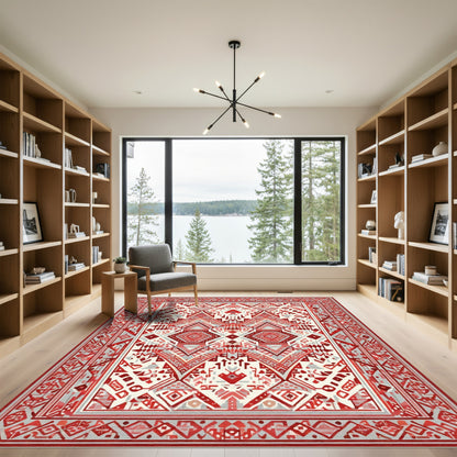 Red Geometric Diamond Tribal Medallion Rug
