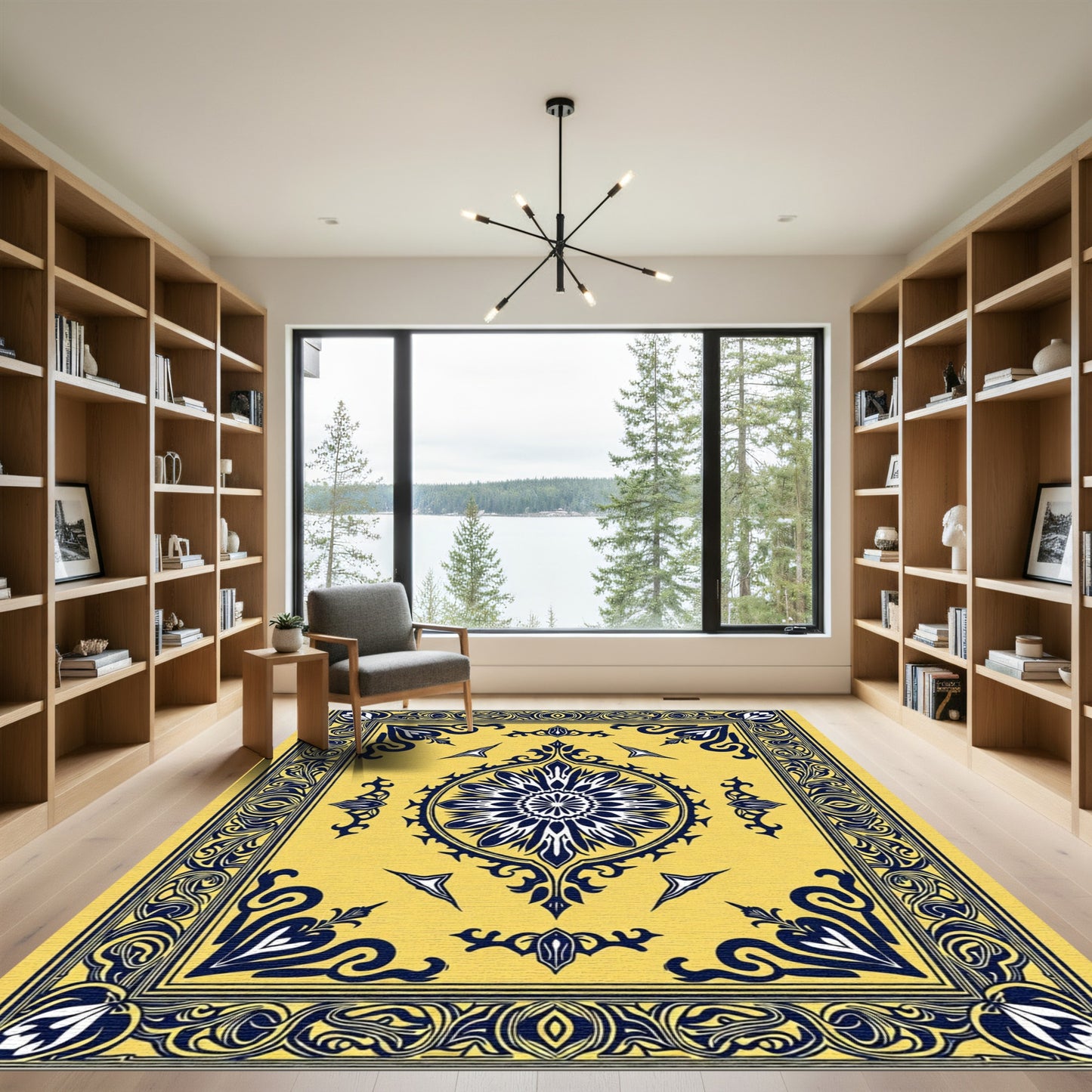 Golden Yellow Floral Medallion Border Rug