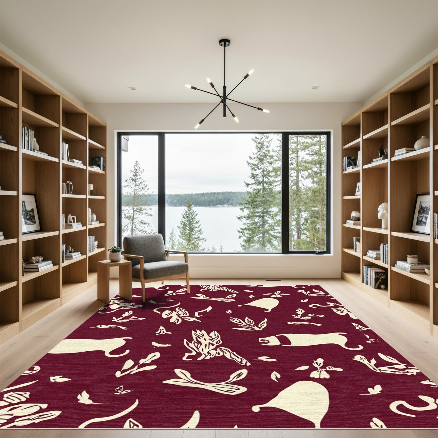 Deep Red Whimsical Leaf and Creature Rug