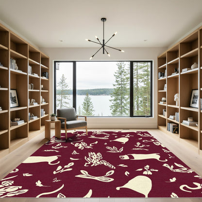 Deep Red Whimsical Leaf and Creature Rug