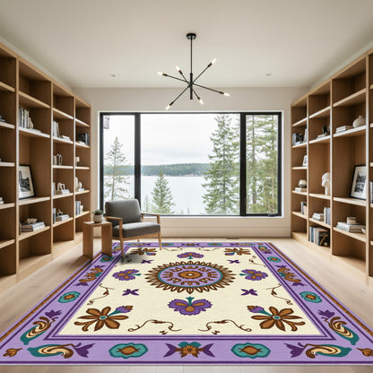 Ornate Purple Flower Medallion Border Rug