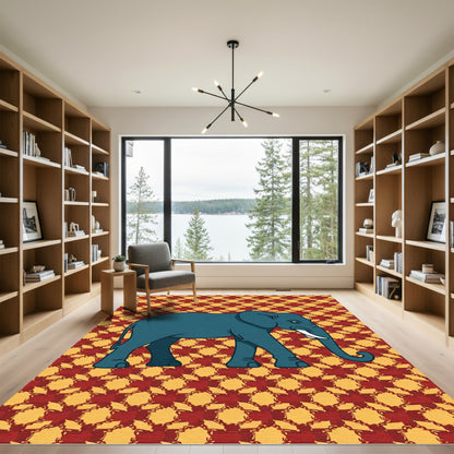 Teal Elephant Red Yellow Pattern Rug