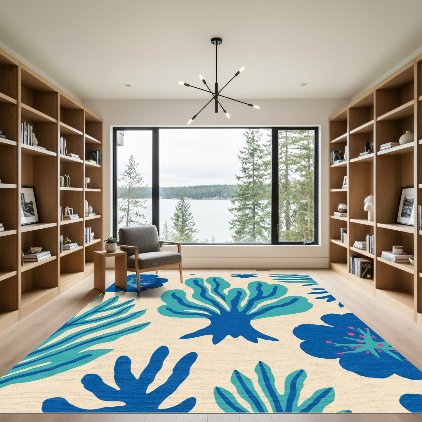 Abstract Blue Coral Floral Folk Rug
