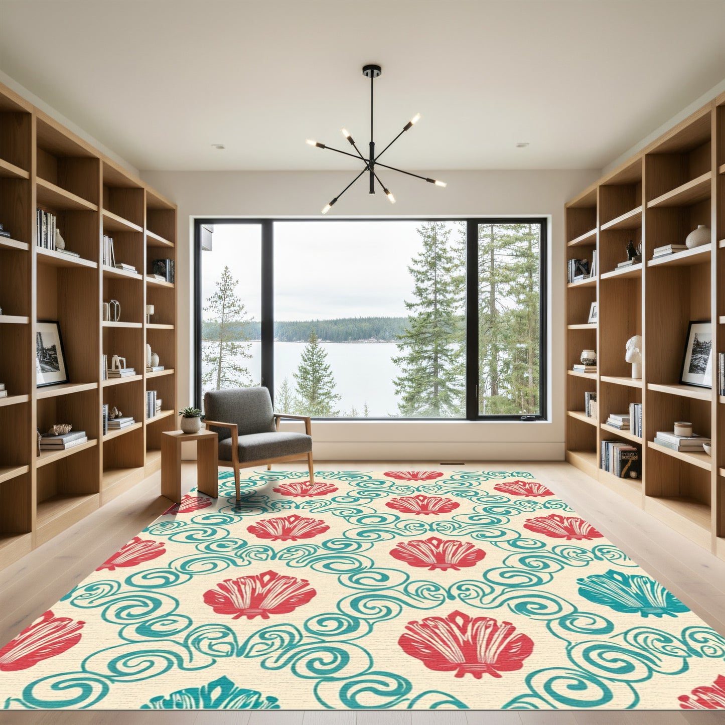 Coral Teal Scallop Scroll Damask Rug