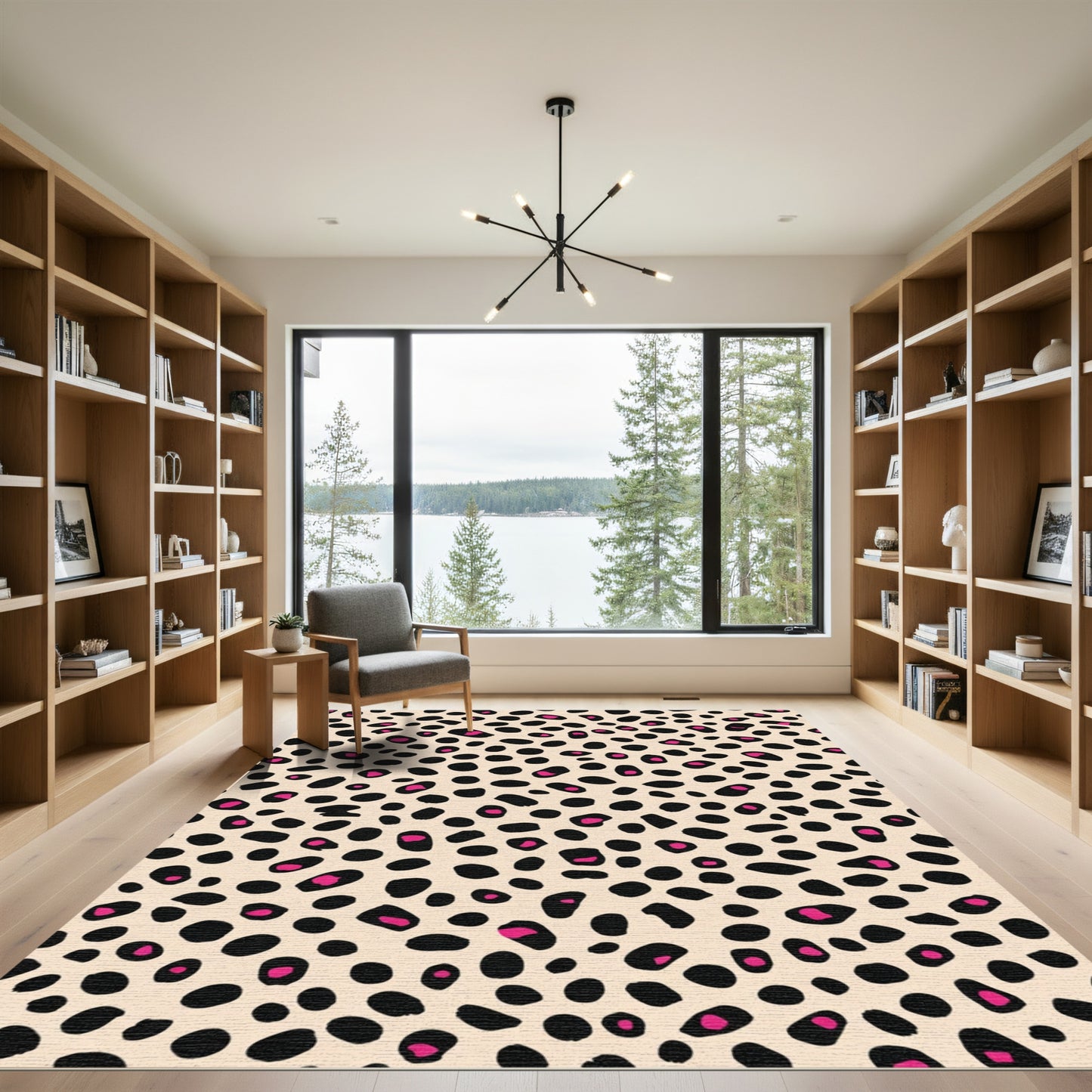 Pink Black Spotted Leopard Print Tan Rug