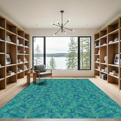 Oceanic Teal Abstract Scrollwork Rug