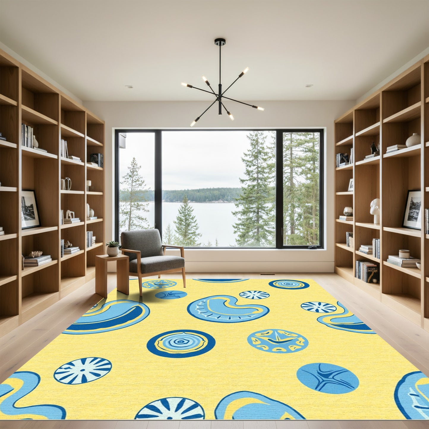 Lemony Yellow Abstract Blue Forms Rug