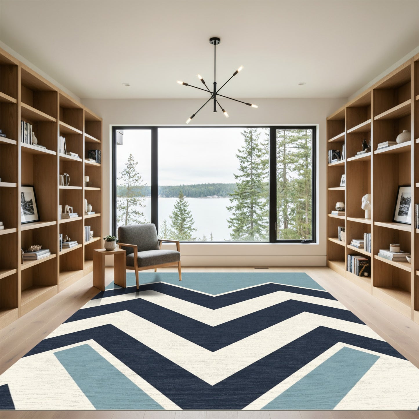 Navy Cream Blue Geometric Zigzag Rug