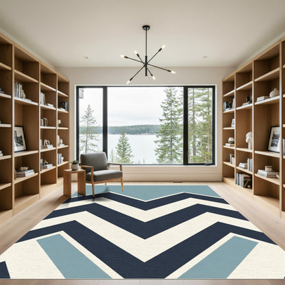 Navy Cream Blue Geometric Zigzag Rug