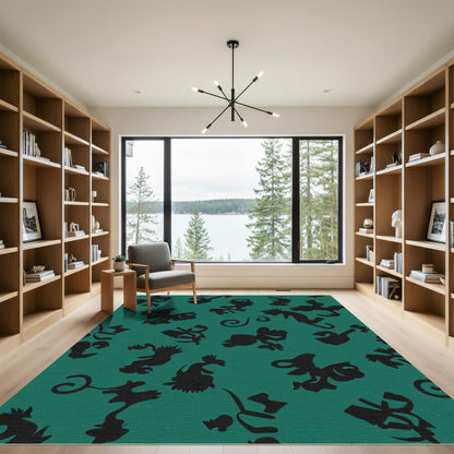 Teal Black Whimsical Creature Swirl Rug