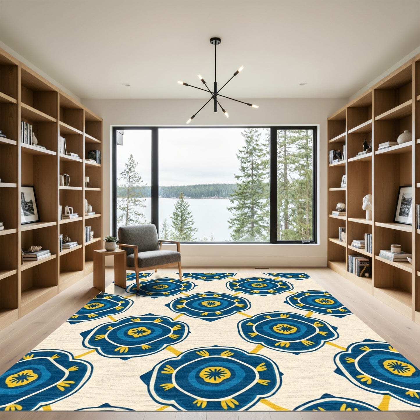 Indigo Blue Floral Medallion Grid Rug