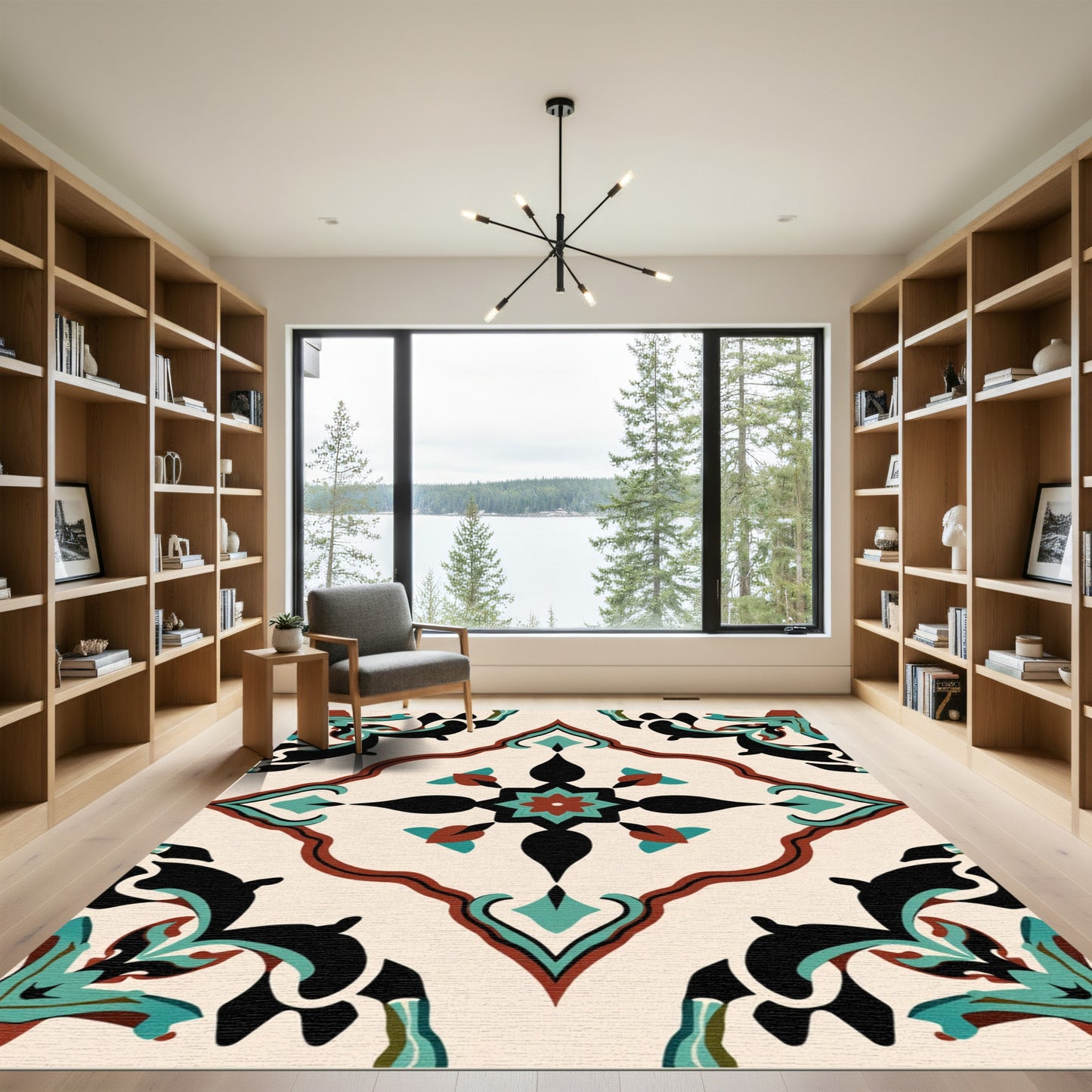Crimson Teal Black Arabesque Medallion Rug