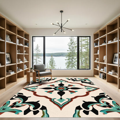 Crimson Teal Black Arabesque Medallion Rug